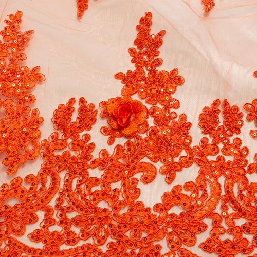 Embroidered Tulle - Orange Star-Leaf